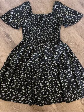 Black and Lilac Floral Smocked Dress
